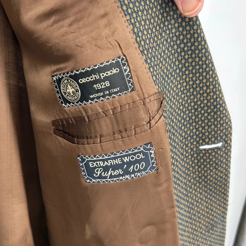 Mens Vtg Blazer Brown Olive Wool Micro Pattern Italian‎ Sport Coat 50L Galliani